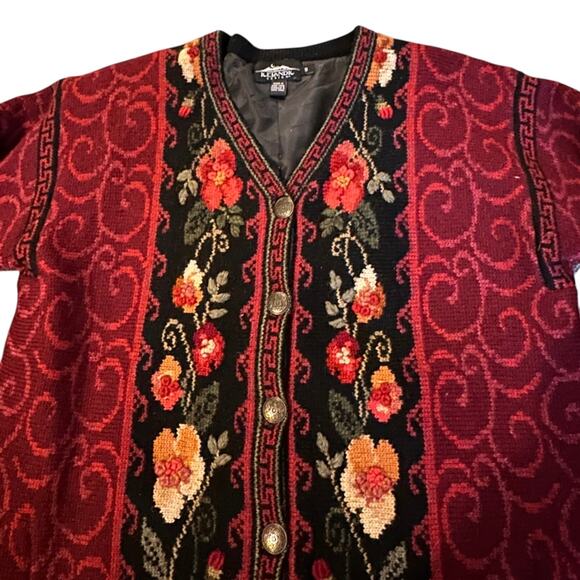 VTG Icelandic Designs 100% Wool Floral Embroidered Jacket Burgundy/Black Size S - Picture 2 of 8